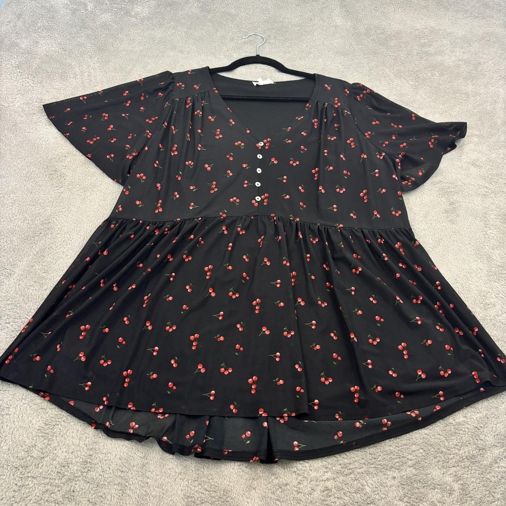 SirenLily Tunic Top Womens 2X Black‎ Cherry Print Flutter Sleeve Sheer Overlay